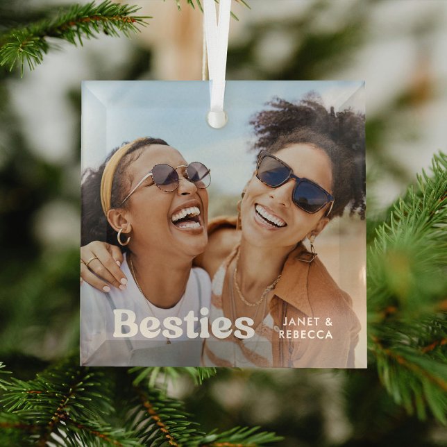 Fun Besties Photo & Name/s Keepsake Gift Glass Tree Decoration (Creator Uploaded)