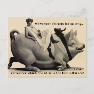 Fun BFF humour friendship laughs pig bottle woman Postcard