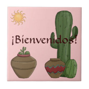 Fun Bienvenidos Desert Saguaro Sun Spanish Welcome Ceramic Tile