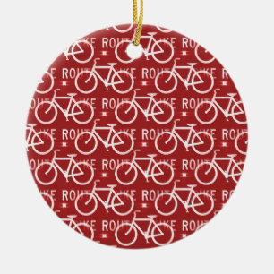 Fun Bike Route Fixie Bicycle Cyclist Pattern Red Ceramic Ornament