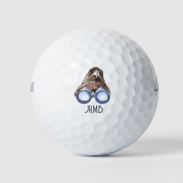 Fun Birdwatcher Humor Hawk Binoculars Monogram Art Golf Balls (Front)