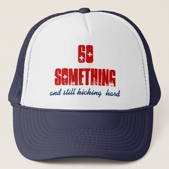 Fun BIrthday 60 Something Blue Red Trucker Hat (Front)