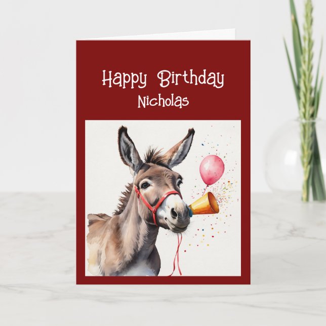 Fun Birthday Donkey Custom Name Animal Humour Holiday Card (Front)