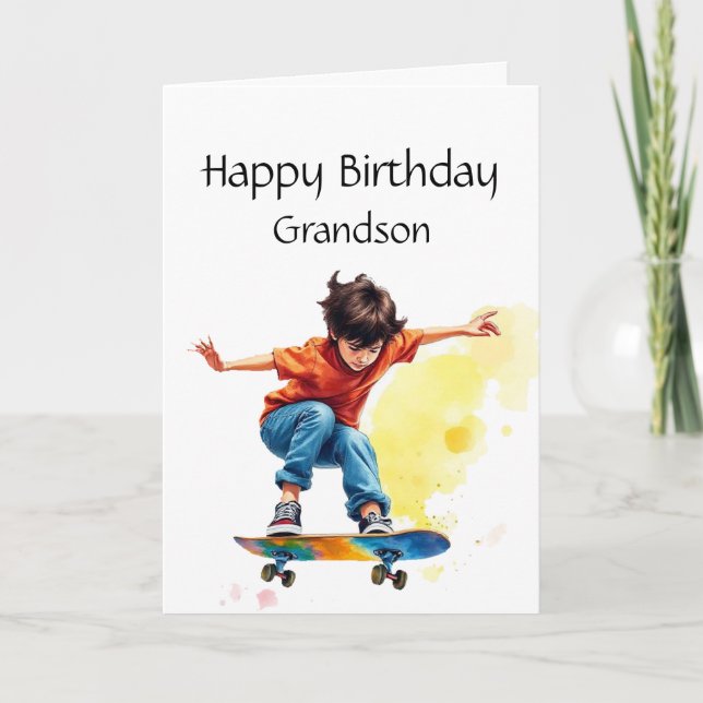Fun Birthday Grandson  Boy on a Skateboard Card (Front)