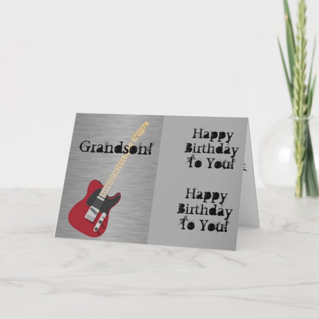 Fun, birthday greeting for grandson, red guitar. card (Front)