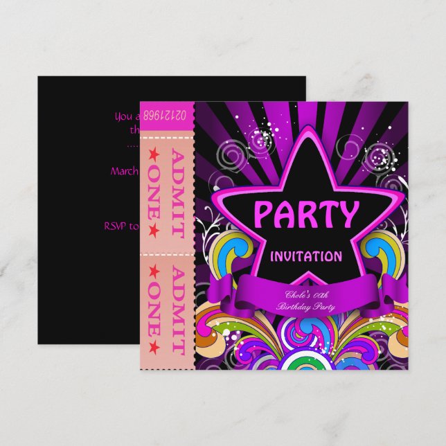 Fun Birthday Party Girls Hot Pink Tickets 2 Invitation (Front/Back)