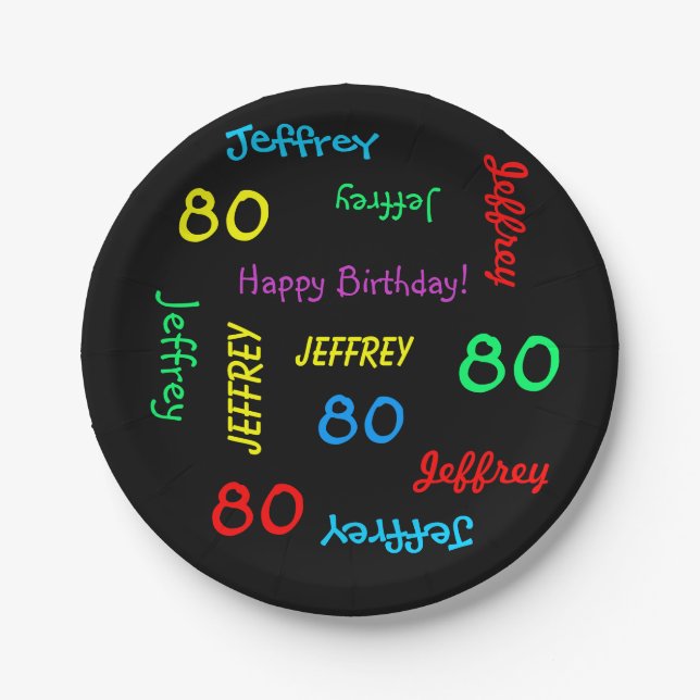Fun Black, 80th Birthday Party, Repeating Names Paper Plate (Front)
