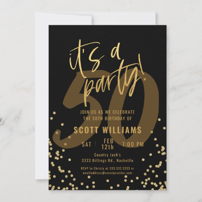 Fun Black and Gold 50th Birthday Party Invitation (Front)