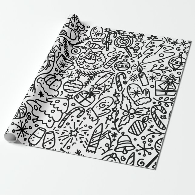 FUN BLACK AND WHITE CHRISTMAS DOODLE  WRAPPING PAP WRAPPING PAPER (Unrolled)