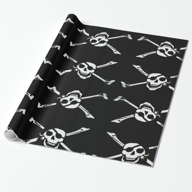 Fun Black and White Jolly Roger Wrapping Paper (Unrolled)