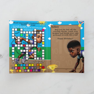 Fun Black Boys Track Star Secret Message Birthday Card