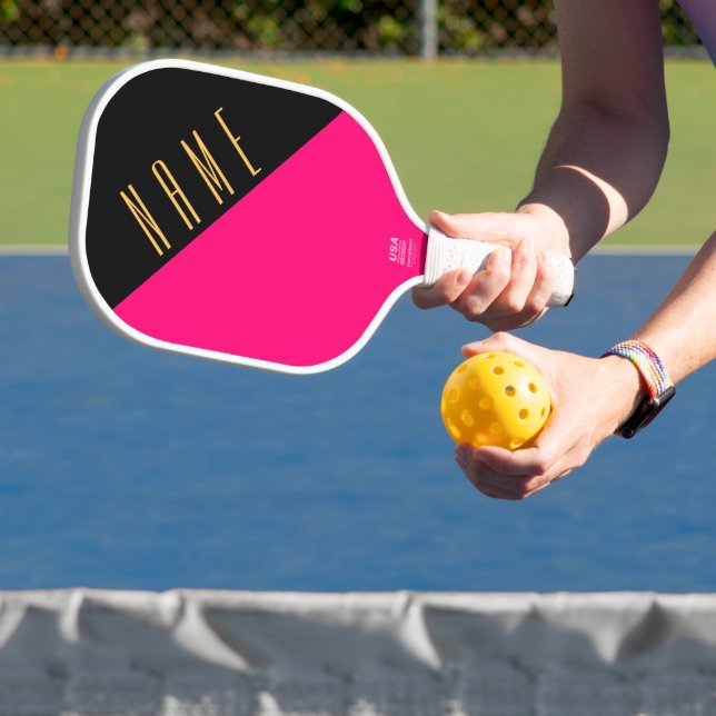 Fun Black Bright Pink Diagonal Colour Block Text Pickleball Paddle (Insitu)
