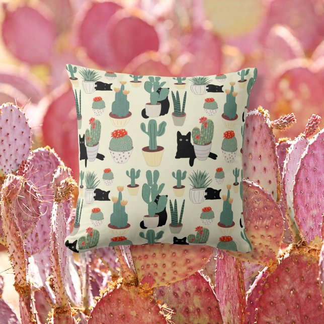 Fun Black Cat and Potted Cactus Botanical Floral  Cushion (Creator Uploaded)