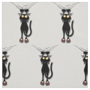 Fun Black Cat Falling Down Linen Fabric