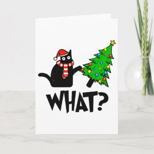 Fun Black Cat Gift Pushing Christmas Tree Over Cat Card