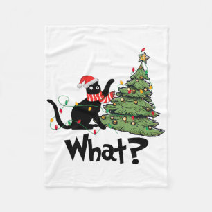 Fun Black Cat Gift Pushing Christmas Tree Over Cat Fleece Blanket