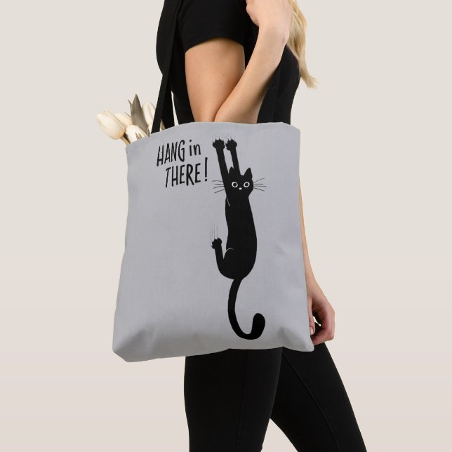 Fun Black Cat Hanging On - Hang in There! Humorous Tote Bag (Close Up)
