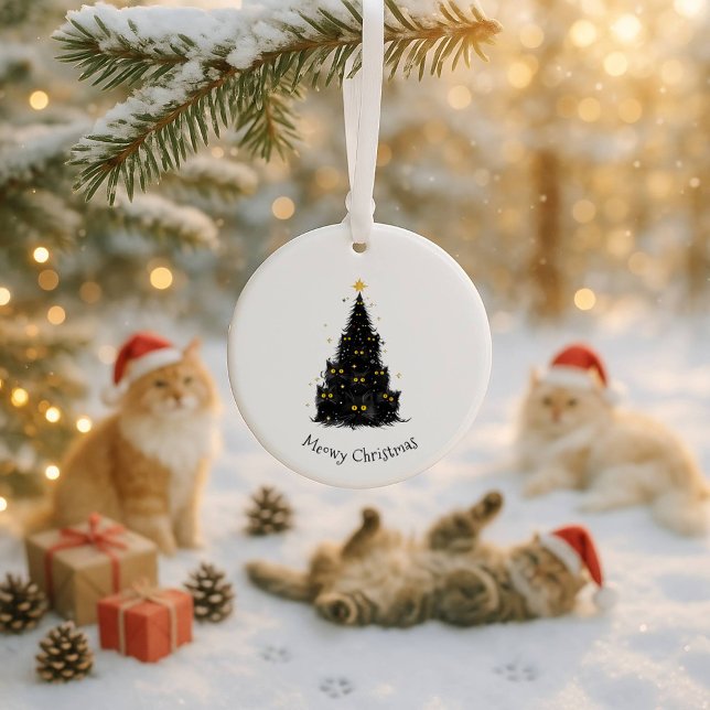 Fun Black Cat Meowy Christmas Tree Ceramic Ornament (Creator Uploaded)