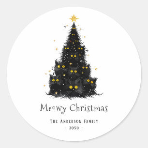 Fun Black Cat Meowy Christmas Tree Classic Round Sticker