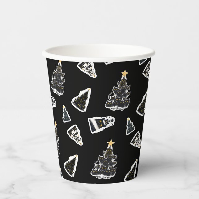 Fun Black Cat Meowy Christmas Tree Paper Cups (Front)