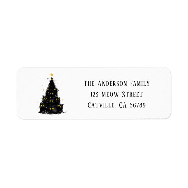 Fun Black Cat Meowy Christmas Tree Return Address Label (Front)