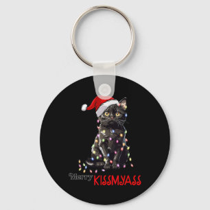 Fun Black Cat Merry Kissmy Xmas Pyjamas Chritsmas Key Ring