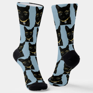 Fun Black Cat Photo Custom Dusty Blue Socks