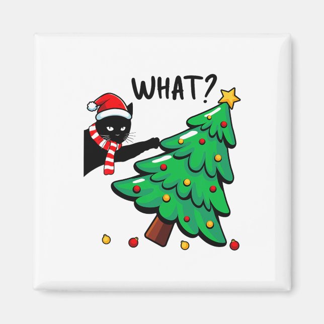 Fun Black Cat Pushing Christmas Tree Over Cat What Magnet (Front)