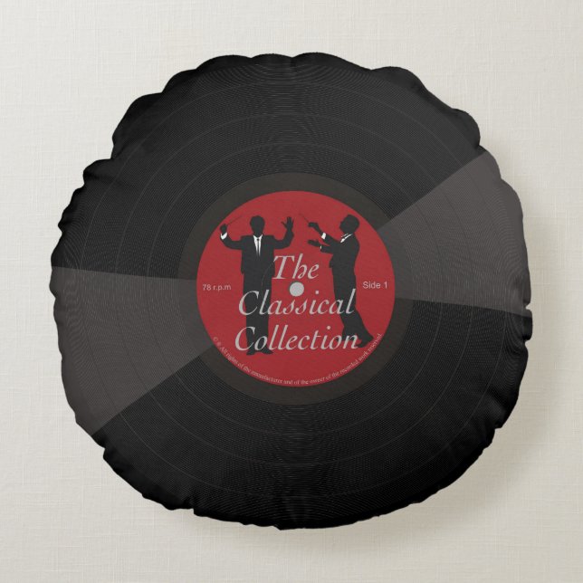 Fun black classical music vinyl record, round cushion (Front)