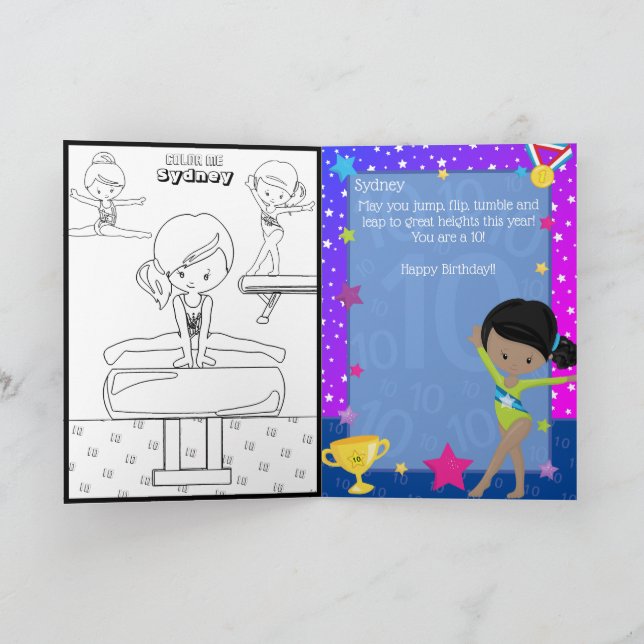 Fun Black Girls Gymnastics Colouring Page Birthday Card (Inside)