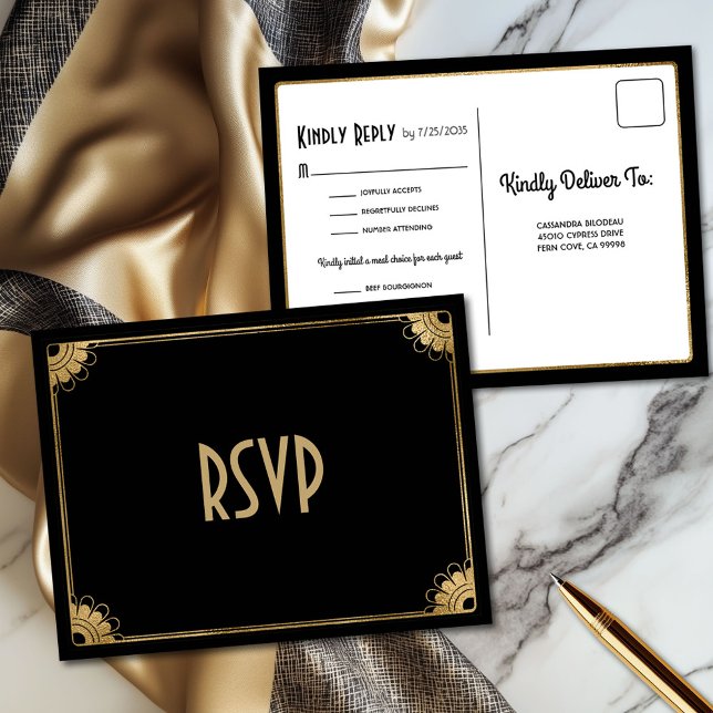 Fun Black Gold Art Deco Meal Options Wedding RSVP Postcard (Elegant black and gold art deco wedding RSVP postcard with three meal choices)