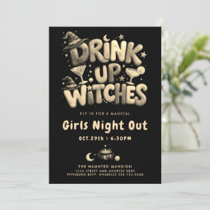Fun Black Gold Witches Drink Monochrome Cocktail Invitation