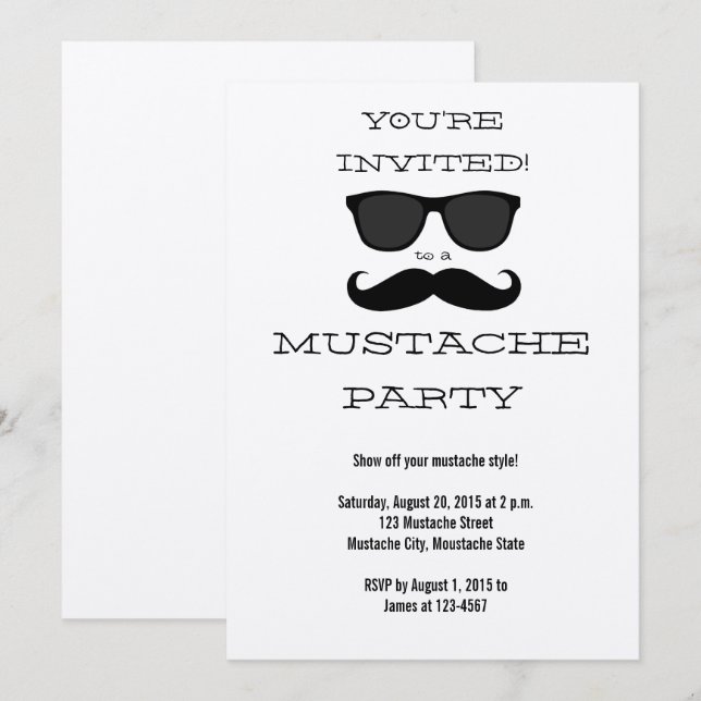 Fun Black Moustache and Sunglasses Party Invitatio Invitation (Front/Back)