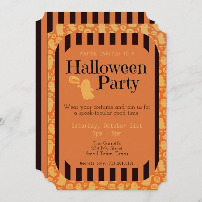 Fun Black Orange Ghost Cute Halloween Party Invitation (Front/Back)