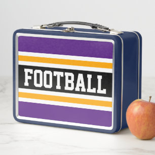 Fun Black Royal Purple Yellow FOOTBALL Stripes Metal Lunch Box