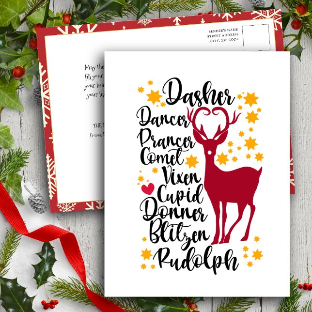 Fun Black Script Santa Reindeer Name Christmas Holiday Postcard (Creator Uploaded)