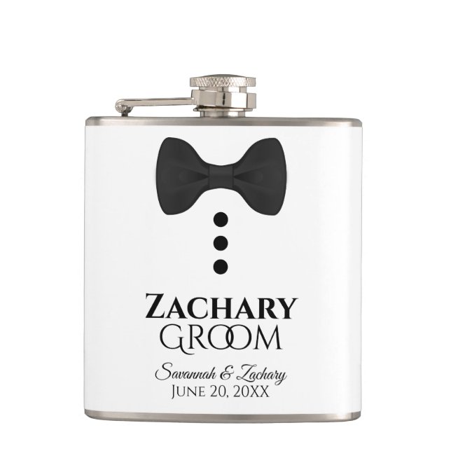 Fun Black Tie Tuxedo Groom Wedding Flask (Front)