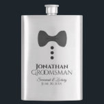 Fun Black Tie Tuxedo Groomsman Silver Flask<br><div class="desc">This fun flask is designed as a gift or favour for your groomsmen. It features an image of a black bow tie with three buttons, resembling a tuxedo. The text reads "Groomsman" and has a place for his name, the couple's names and wedding date. Great way to thank him for...</div>
