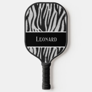 Fun Black & White Faux Zebra Pattern with Name Pickleball Paddle