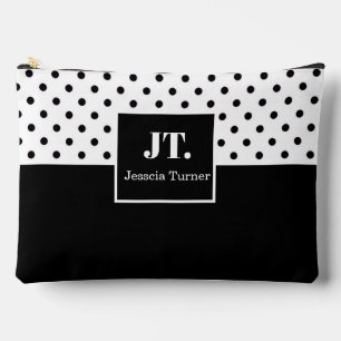 Fun Black White Polka Dot Personalised Name Accessory Pouch