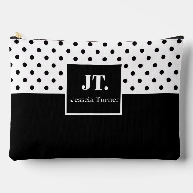 Fun Black White Polka Dot Personalised Name Accessory Pouch (Front)