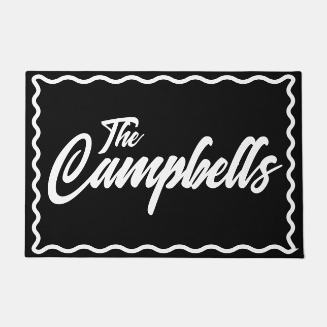 Fun Black White Wavy Border Last Name Doormat (Front)