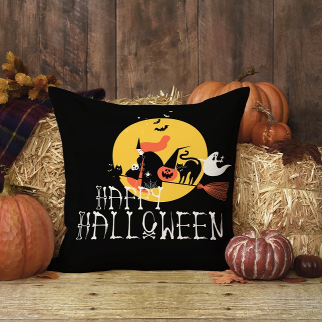 Fun Black Witch Pumpkin Happy Halloween Cushion (Creator Uploaded)
