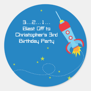 Fun blast off spaceship boy birthday party sticker