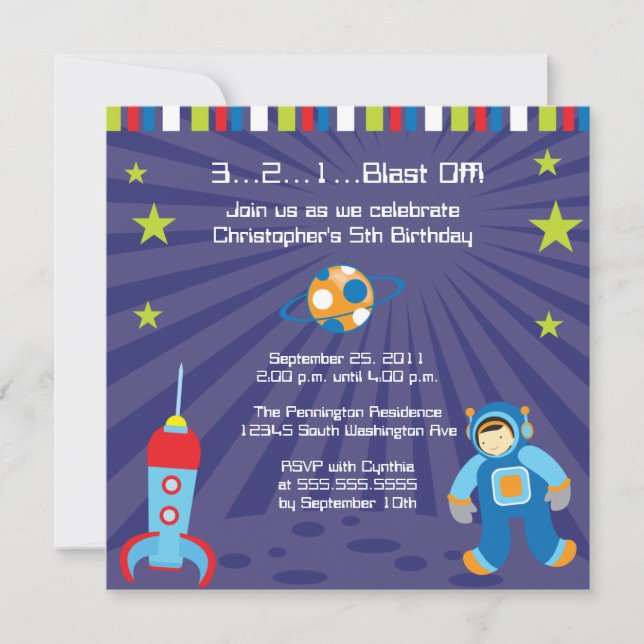 Fun blast off spaceship boys birthday party invite (Front)