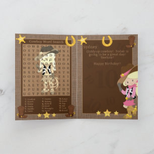 Fun Blonde Girls Cowboy Word Search Happy Birthday Card