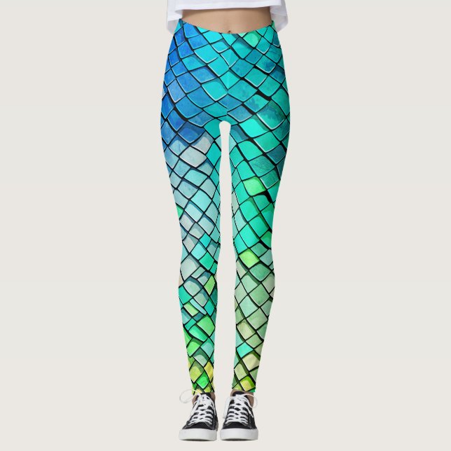 Fun Blue Abstract Geometric Mermaid Scales Pattern Leggings (Front)