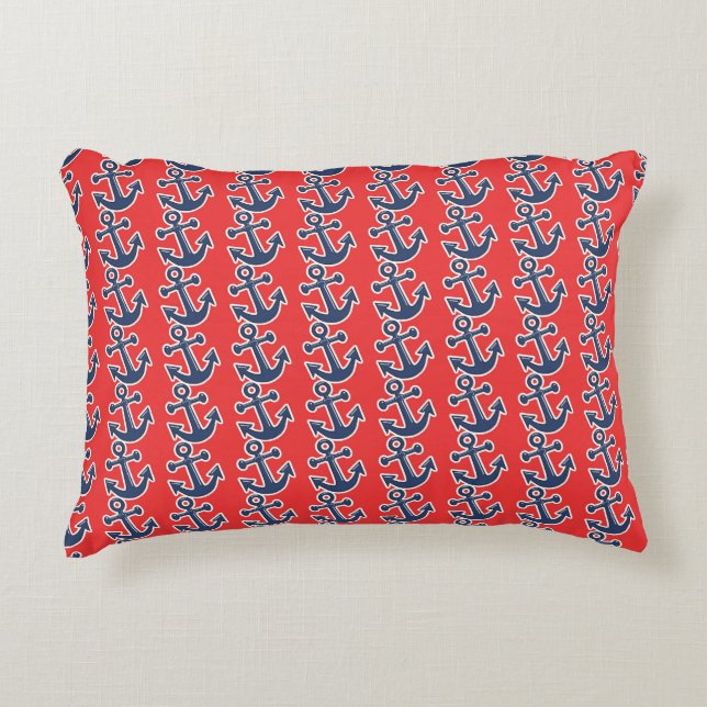 Fun Blue Anchors on Red Decorative Cushion (Front)