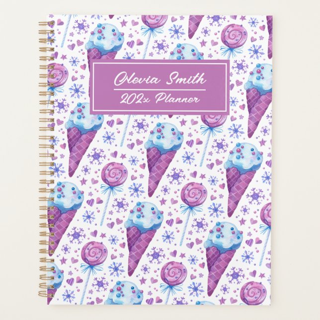Fun Blue and Purple Ice Cream and Lollipop Planner (Front)