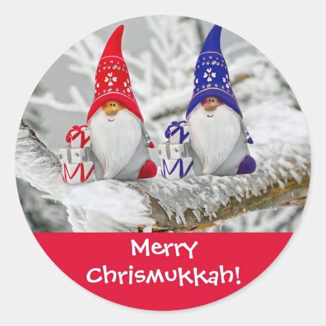 Fun Blue and Red Merry Chrismukkah Santa Elves Classic Round Sticker (Front)